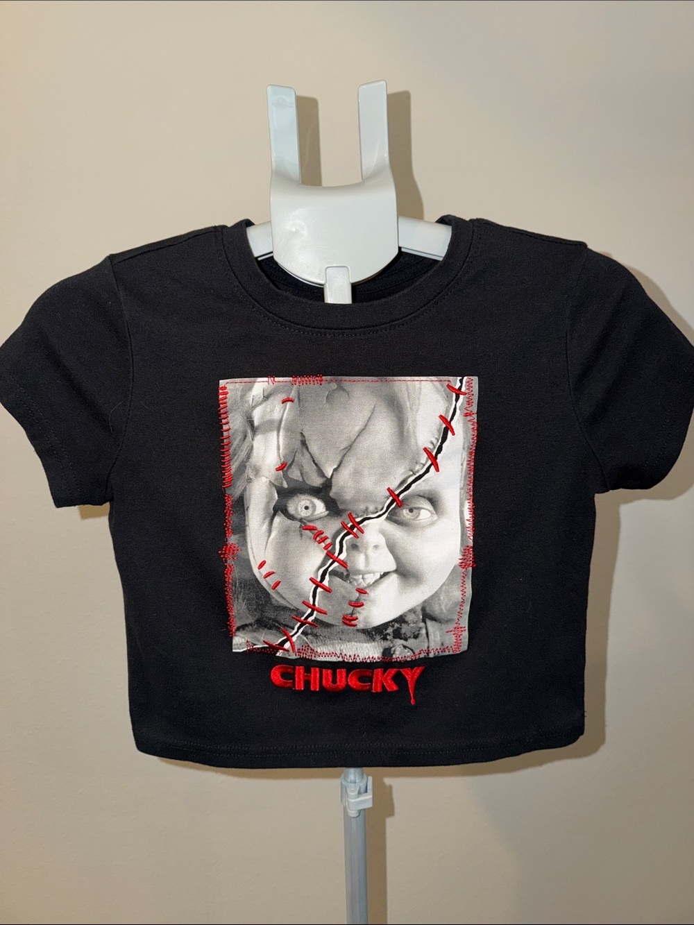 Embroidered Black Chucky Graphic Crop Top